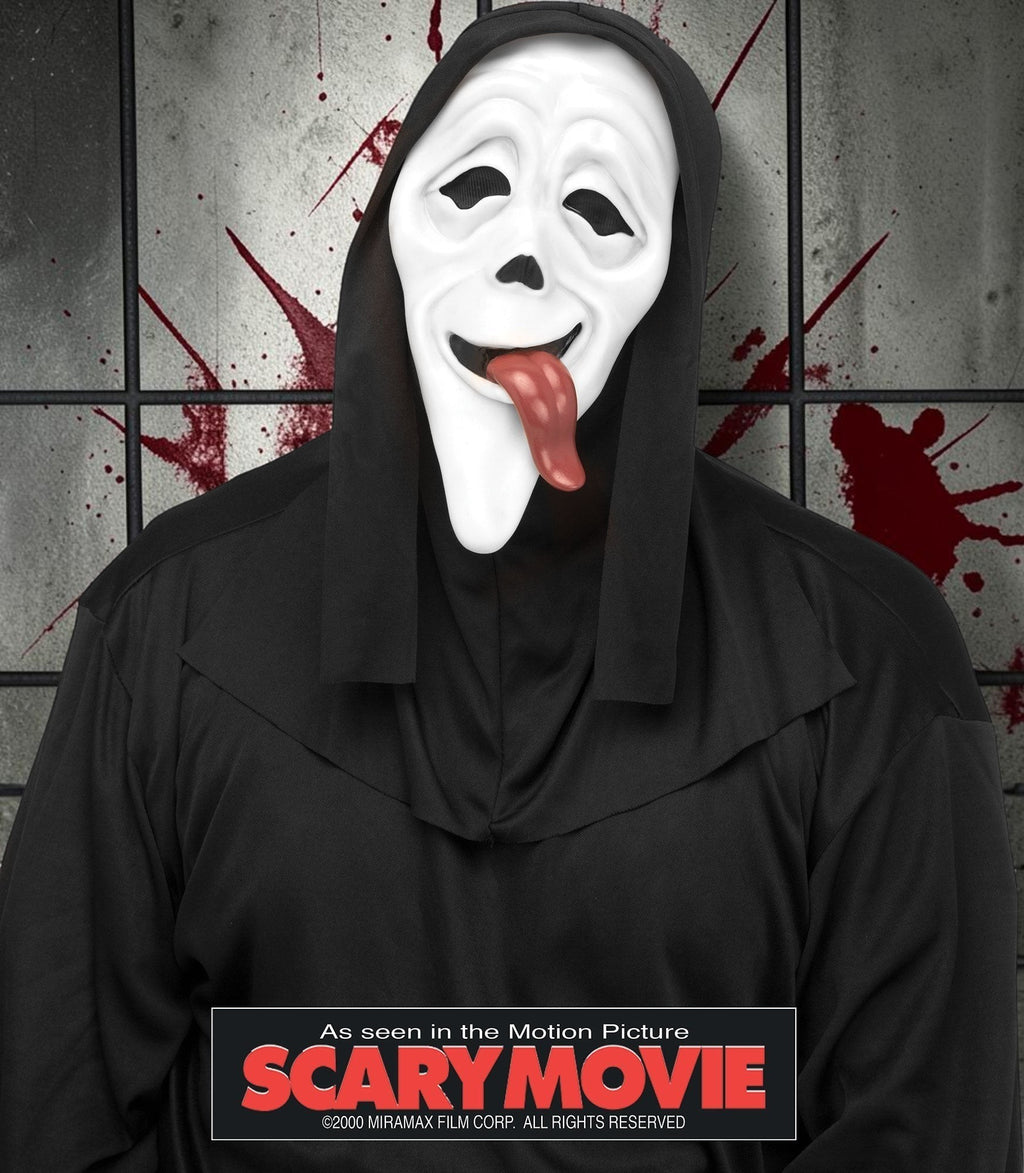 Halloween-Emporium Scary Movie Ghost Face mask with a long red tongue and attached black hood for a funny horror look.