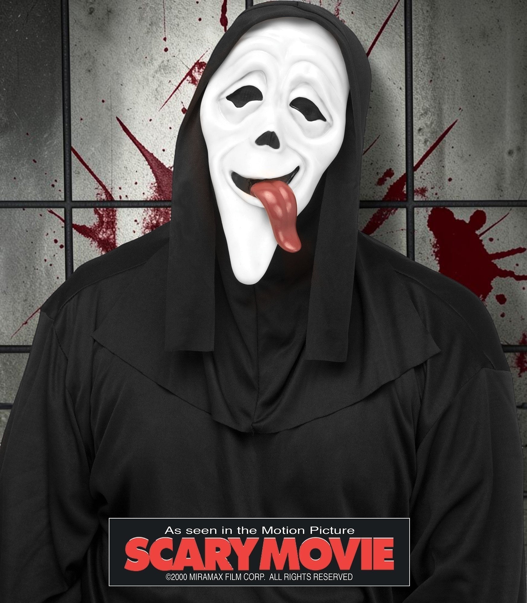 Halloween-Emporium Scary Movie Ghost Face mask with a long red tongue and attached black hood for a funny horror look.