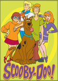 Halloween-Emporium Scooby-Doo group magnet featuring the Mystery Inc. gang in classic animated style on a yellow background