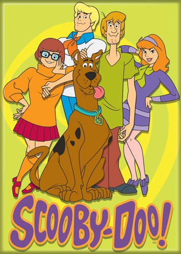 Halloween-Emporium Scooby-Doo group magnet featuring the Mystery Inc. gang in classic animated style on a yellow background