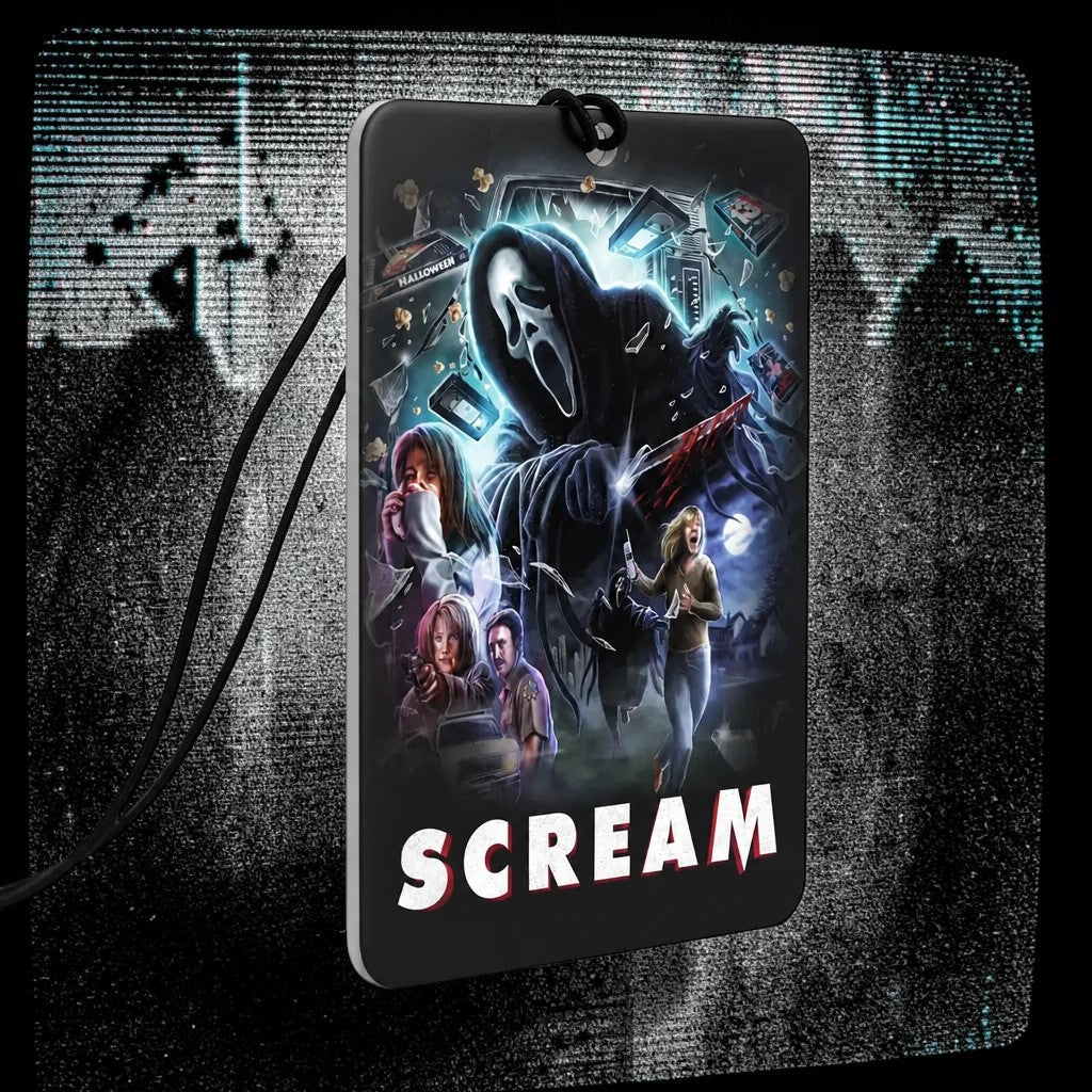 Halloween-Emporium Scream movie car air freshener with cherry blossom scent and iconic Ghostface horror design