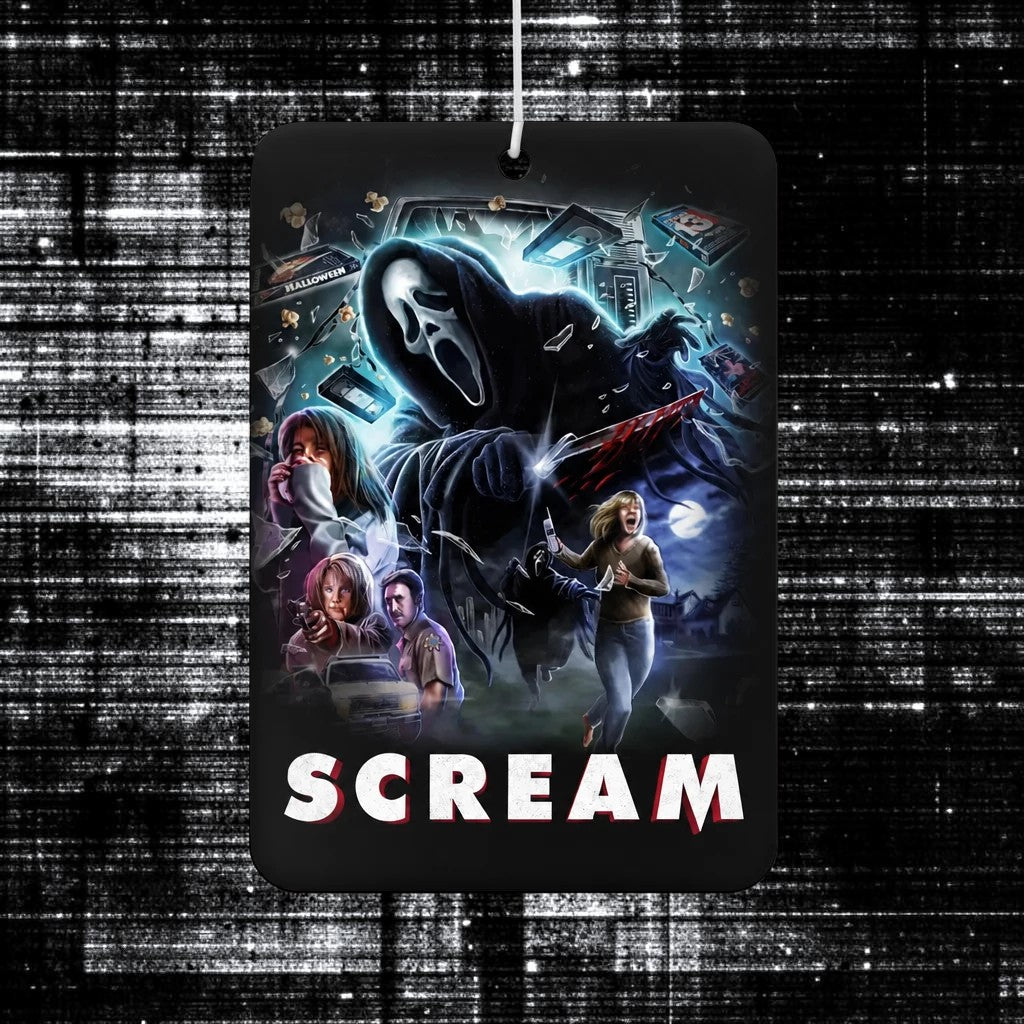 Halloween-Emporium Scream movie themed car air freshener with Ghostface design and cherry blossom scent