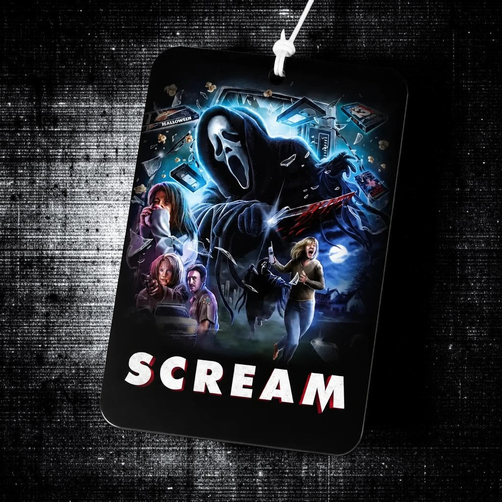 Halloween-Emporium Scream movie themed car air freshener with Ghostface design and cherry blossom scent