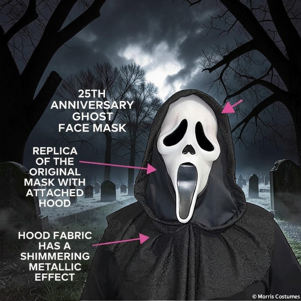 Halloween-Emporium Scream 25th anniversary ghost face mask with attached shimmering metallic black hood