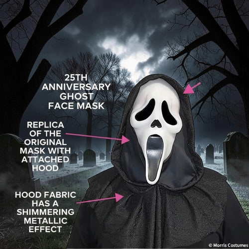 Halloween-Emporium Scream 25th anniversary ghost face mask with attached shimmering metallic black hood