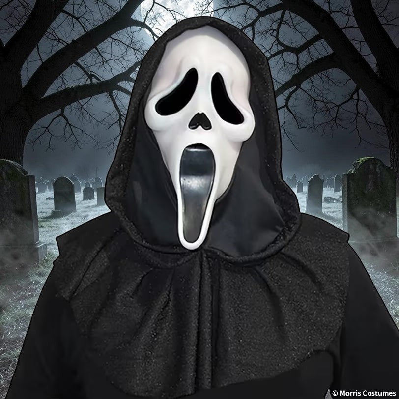 Halloween-Emporium Scream 25th anniversary ghost mask with attached shimmering black hood for adult costumes.