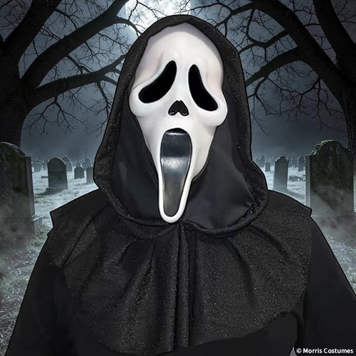 Halloween-Emporium Scream 25th anniversary ghost mask with attached shimmering black hood for adult costumes.