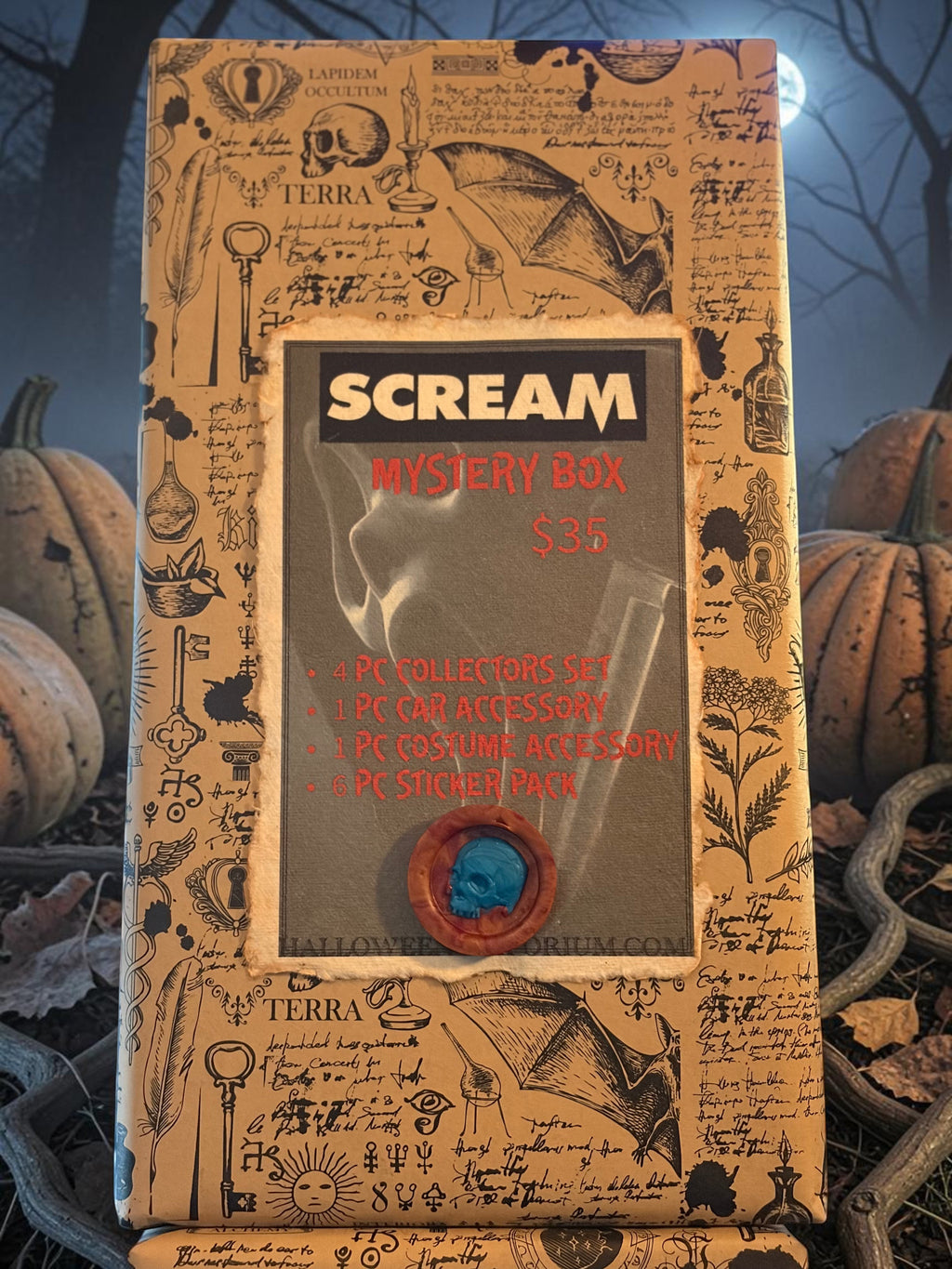 Halloween-Emporium Scream mystery box wrapped in occult-themed paper with a blue skull wax seal.