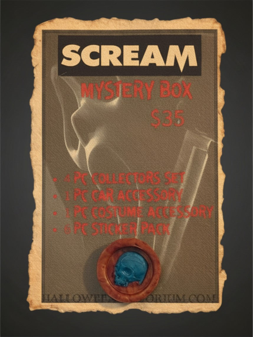 Halloween-Emporium Scream mystery box with Ghost Face graphic, wax seal, and list of horror collectibles.