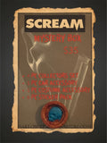 Halloween-Emporium Scream mystery box with Ghost Face graphic, wax seal, and list of horror collectibles.