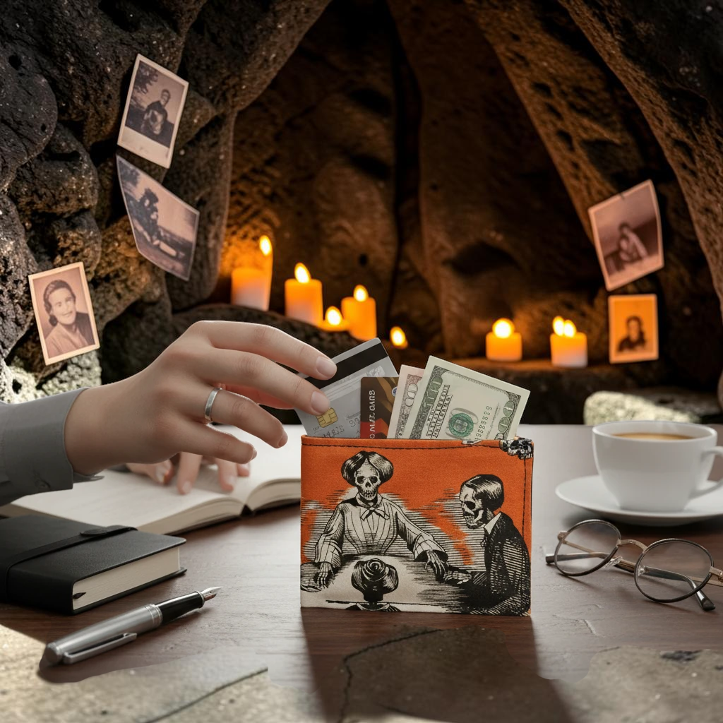 Halloween-Emporium Seance hand crafted wallet featuring a vintage skeleton illustration on orange fabric