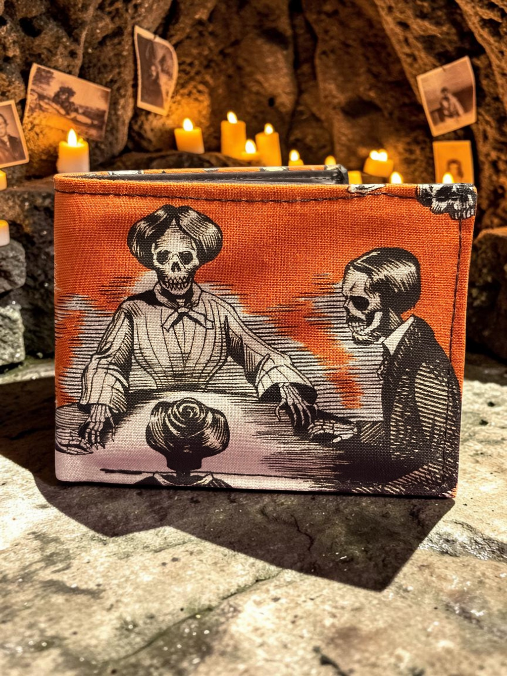 Halloween-Emporium Seance hand crafted wallet featuring a vintage orange and black skeleton seance print