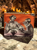 Halloween-Emporium Seance hand crafted wallet featuring a vintage orange and black skeleton seance print