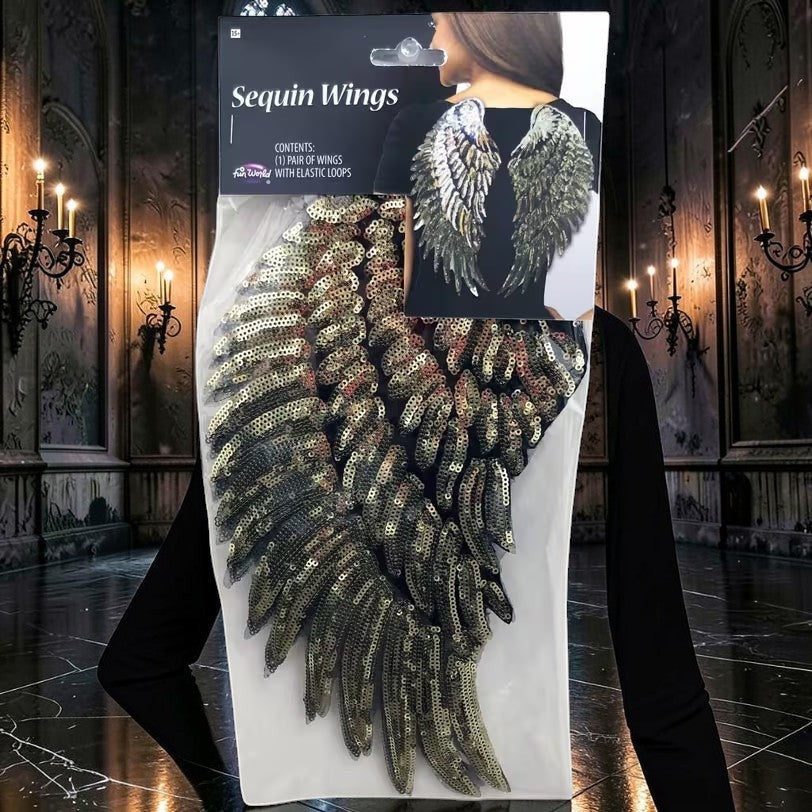 Halloween-Emporium decorative sequin angel wings in packaging, featuring shimmering gold and black feather detailing.