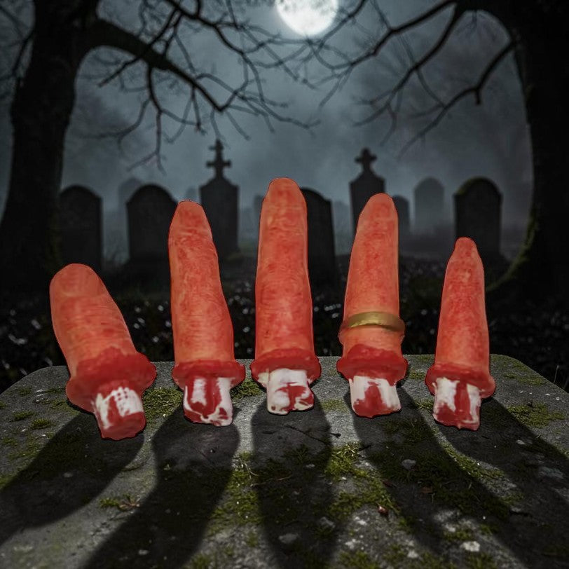 Halloween-Emporium Bag O' Fingers 5-piece set featuring realistic severed fingers with blood and a gold ring on a tombstone