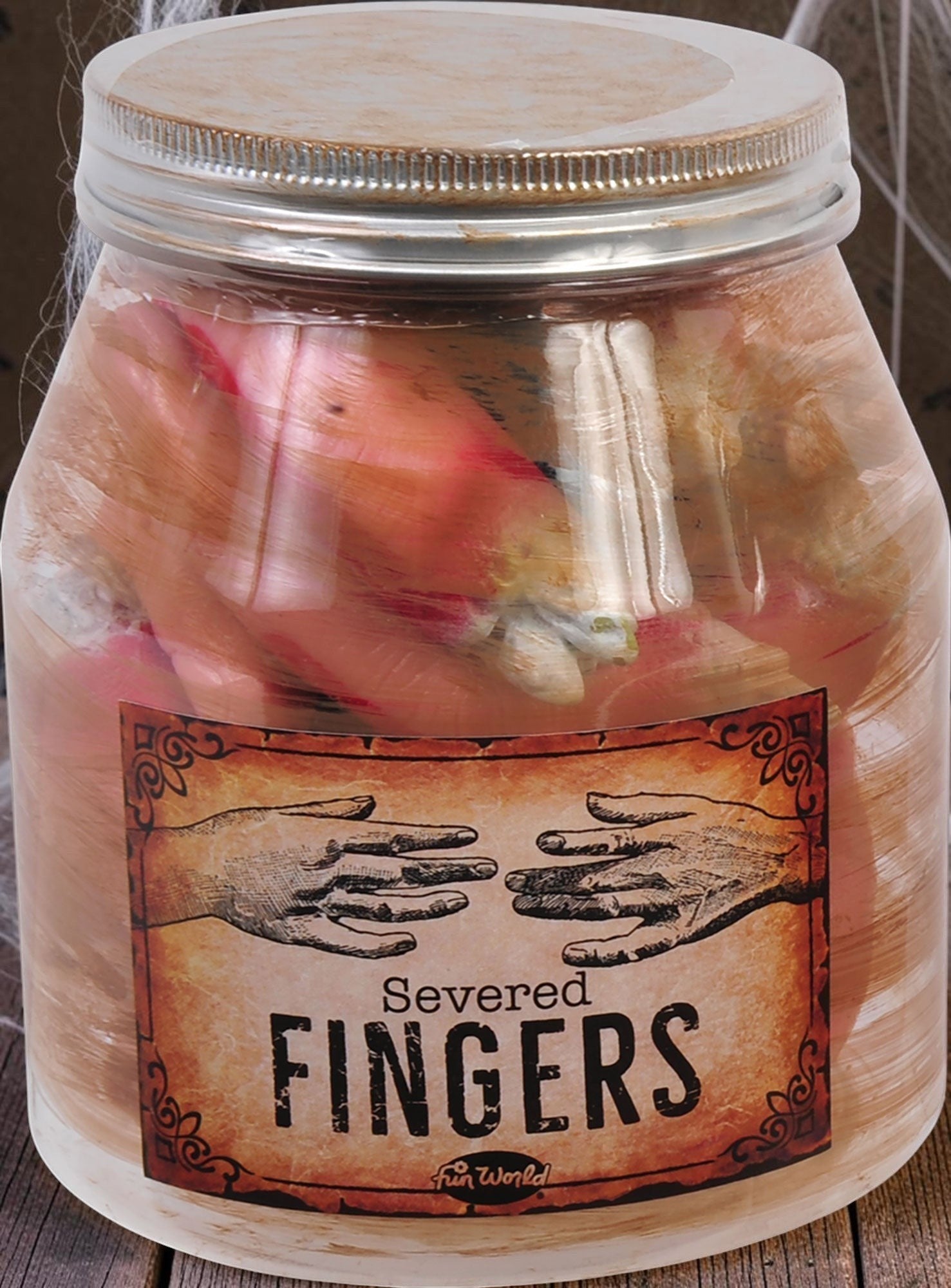 Halloween-Emporium specimen jar containing realistic severed fingers with a vintage-style weathered label for spooky decor