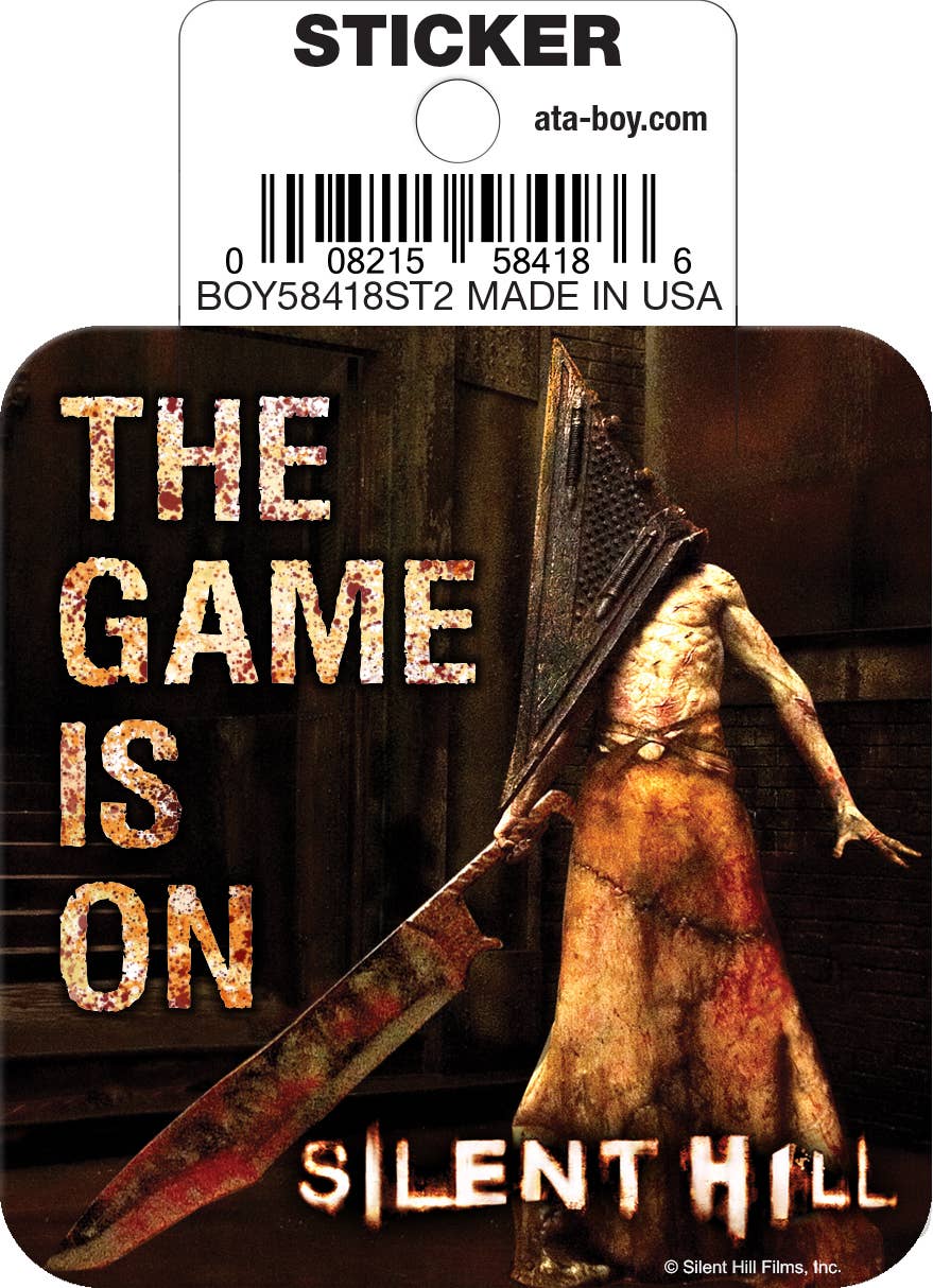 Halloween-Emporium Silent Hill Pyramid Head vinyl sticker with The Game Is On text and a menacing horror design.