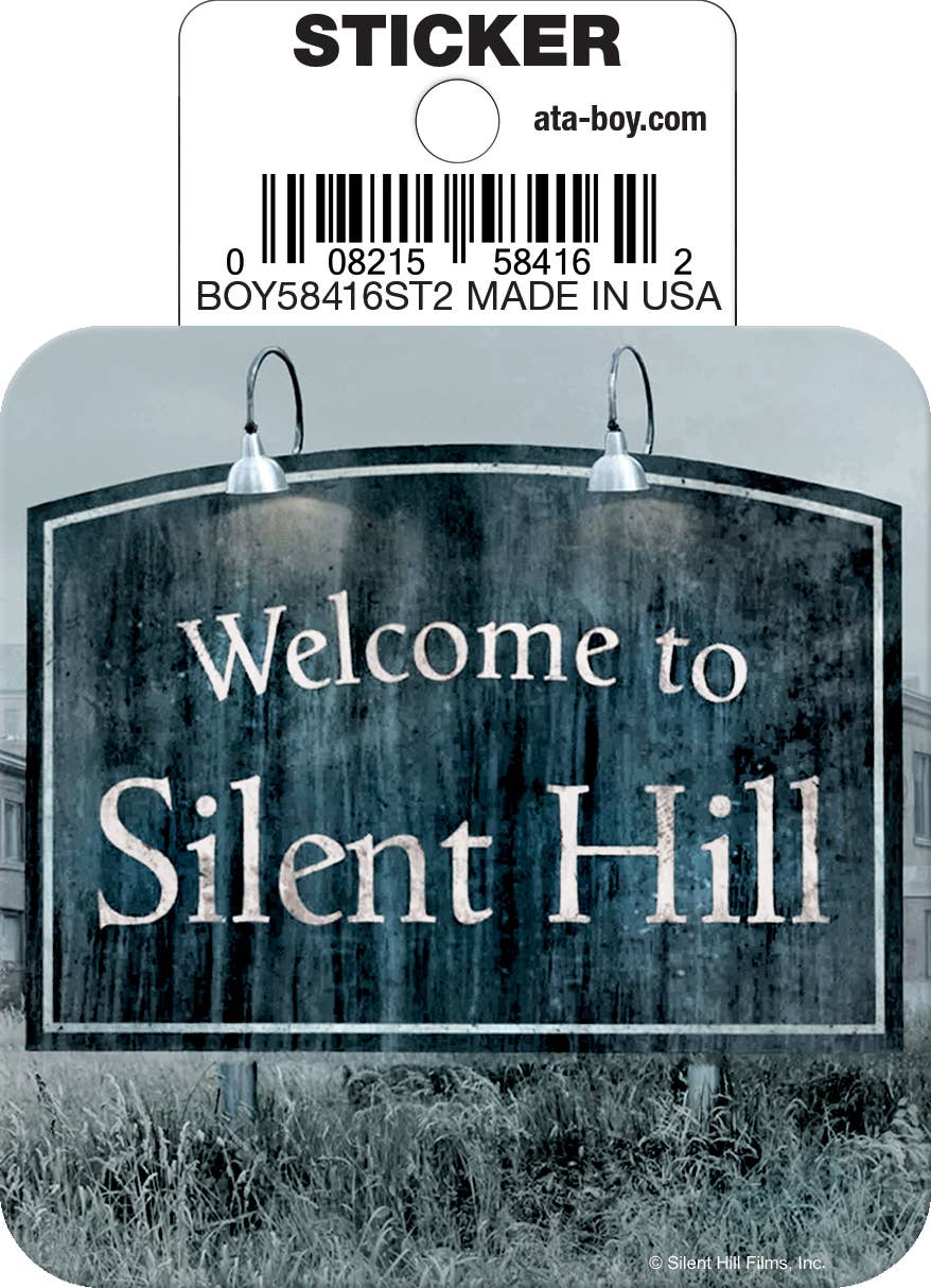 Halloween-Emporium Welcome to Silent Hill die cut sticker featuring the iconic weathered town sign in a foggy style.