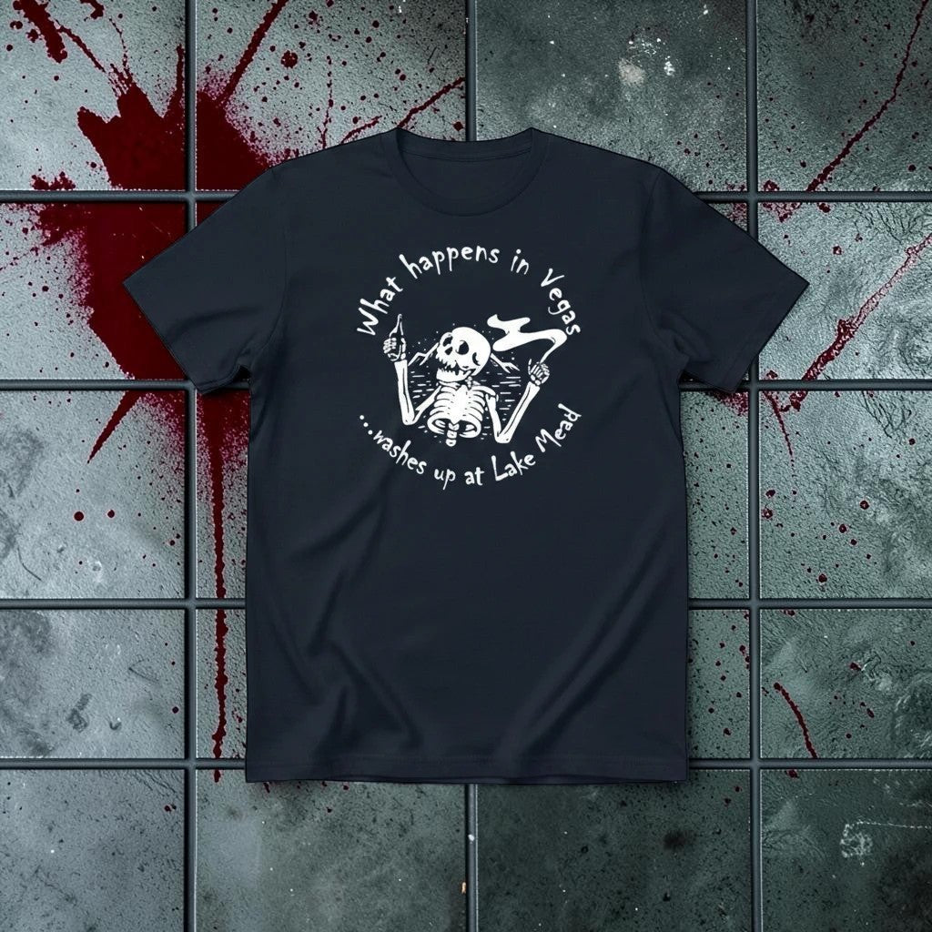 Halloween-Emporium black cotton crewneck t-shirt featuring a white skeleton graphic and witty desert-noir text.