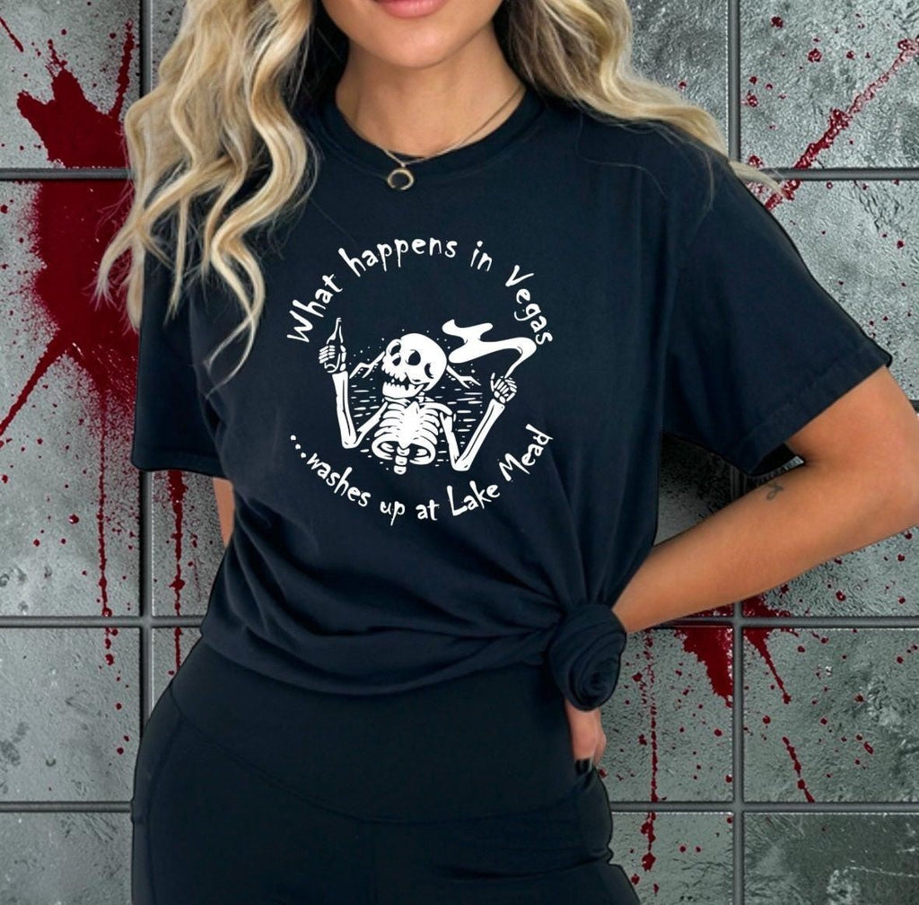 Halloween-Emporium black cotton crewneck t-shirt featuring a white skeleton graphic and dark humor text