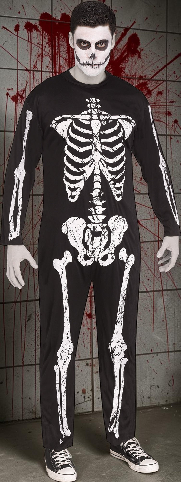 Halloween-Emporium adult skeleton jumpsuit with white bone print on black fabric worn by a man with face paint