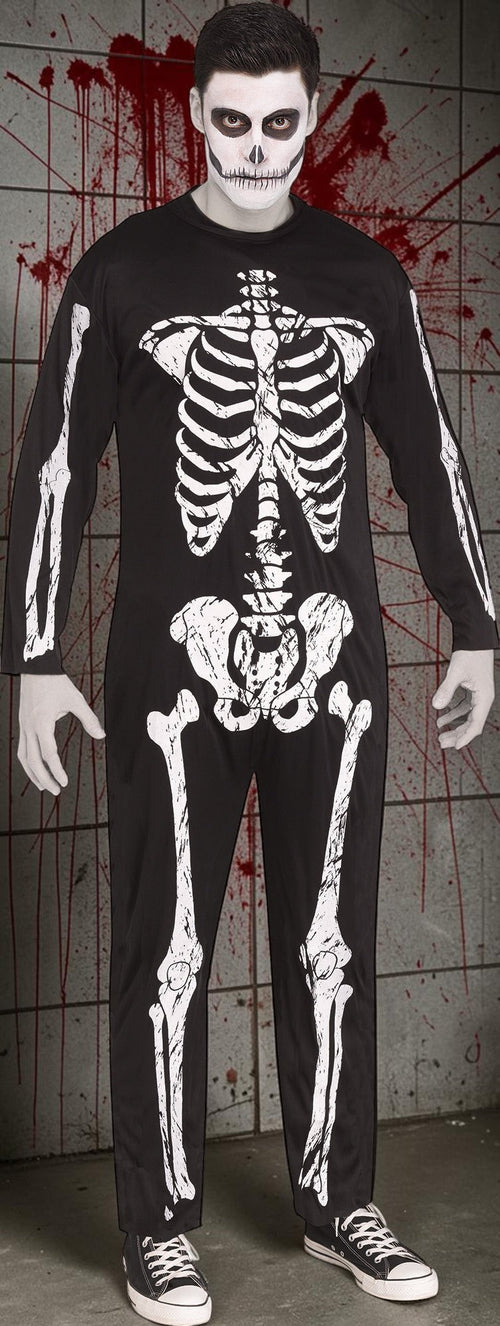 Halloween-Emporium adult skeleton jumpsuit with white bone print on black fabric worn by a man with face paint