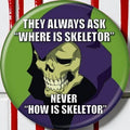 Halloween-Emporium Masters of the Universe Skeletor meme button featuring a purple and green 1.25 inch round pin.