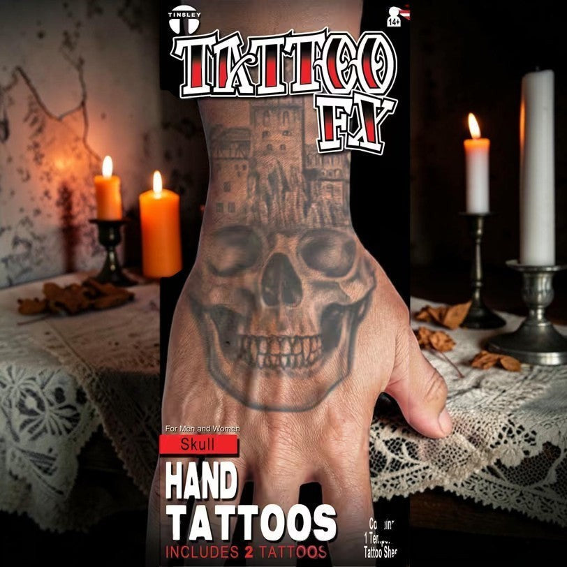 Halloween-Emporium Tinsley Transfers temporary skull hand tattoo with hyper-realistic gothic design on a person's hand.