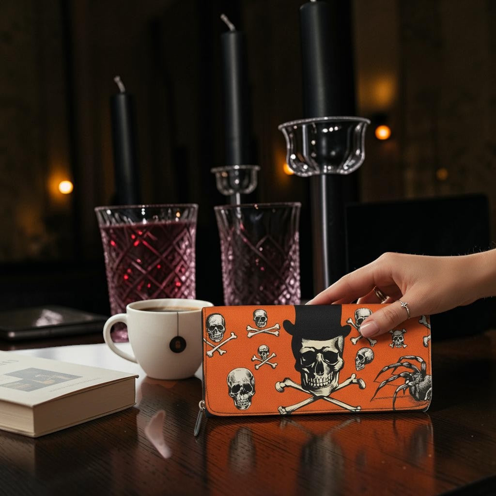 Halloween-Emporium orange clutch wallet featuring a skull in a top hat and spider print on a dark gothic table