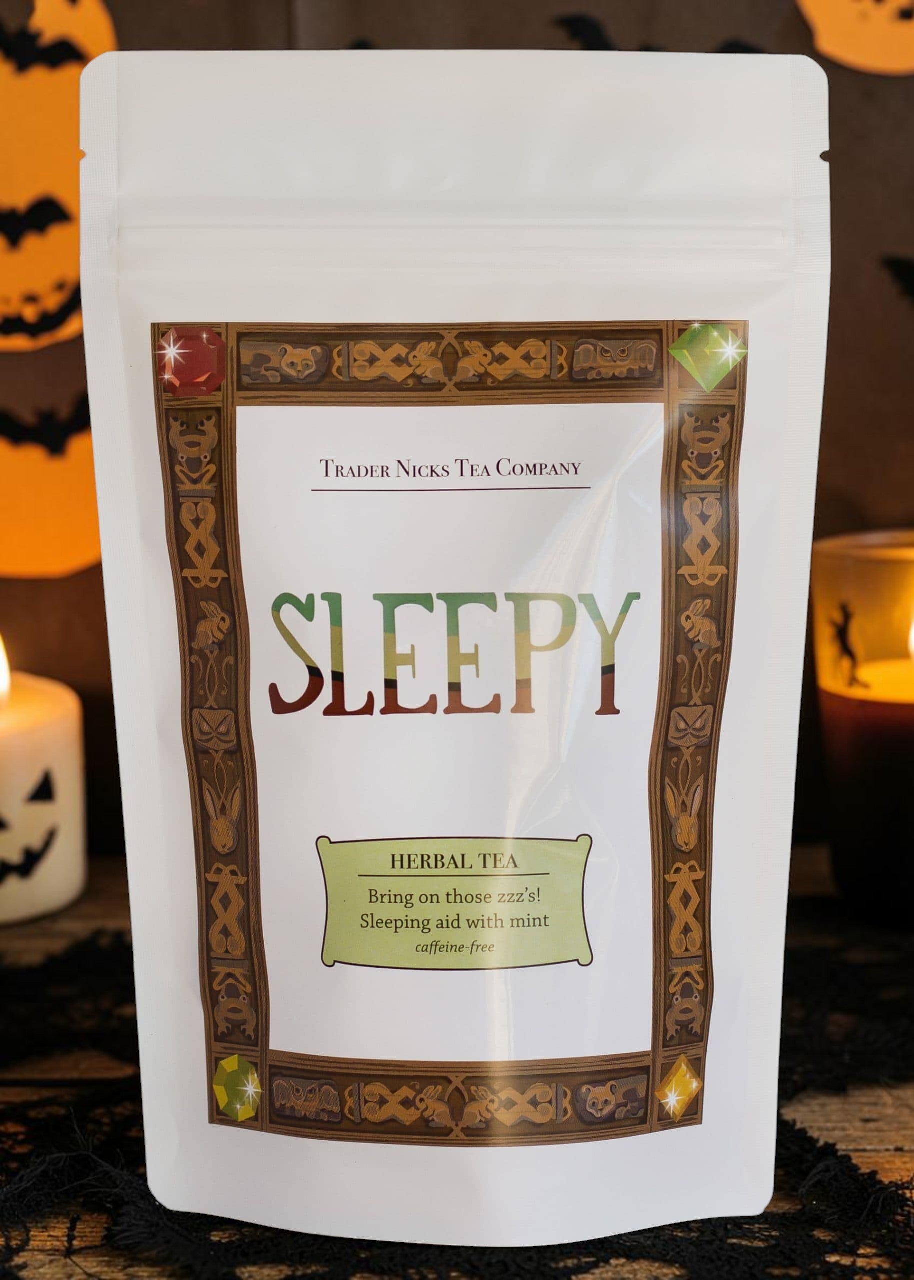 Halloween-Emporium Sleepy Wellness herbal tea pouch with chamomile, peppermint, and valerian root for relaxation.