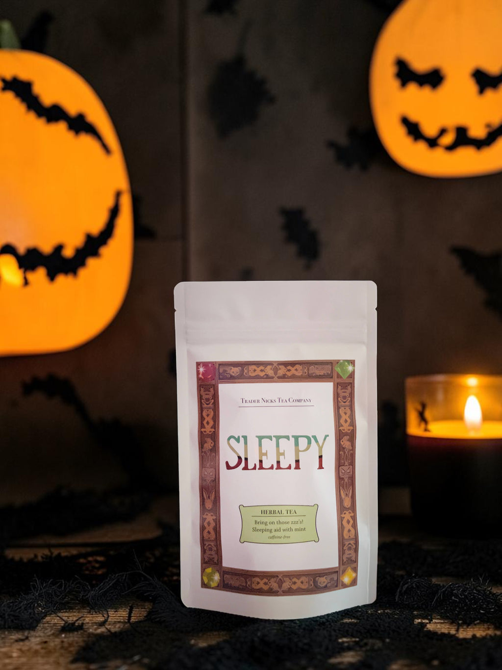 Halloween-Emporium Sleepy Wellness herbal tea pouch with chamomile and peppermint, set against a spooky backdrop.