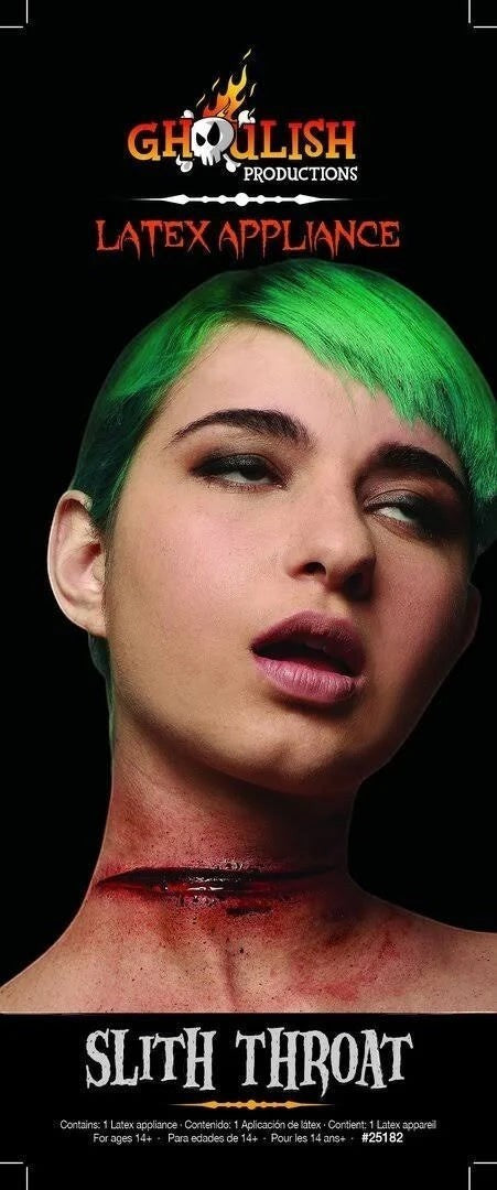 Halloween-Emporium slit throat latex SFX appliance on a person with green hair for a realistic horror makeup look