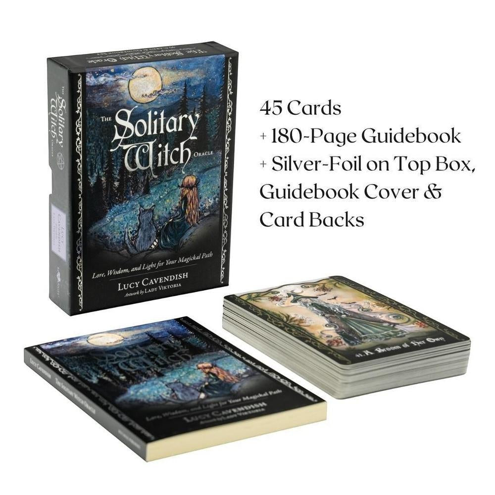 Halloween-Emporium The Solitary Witch Oracle deck with 45 illustrated cards, guidebook, and silver-foil accents.