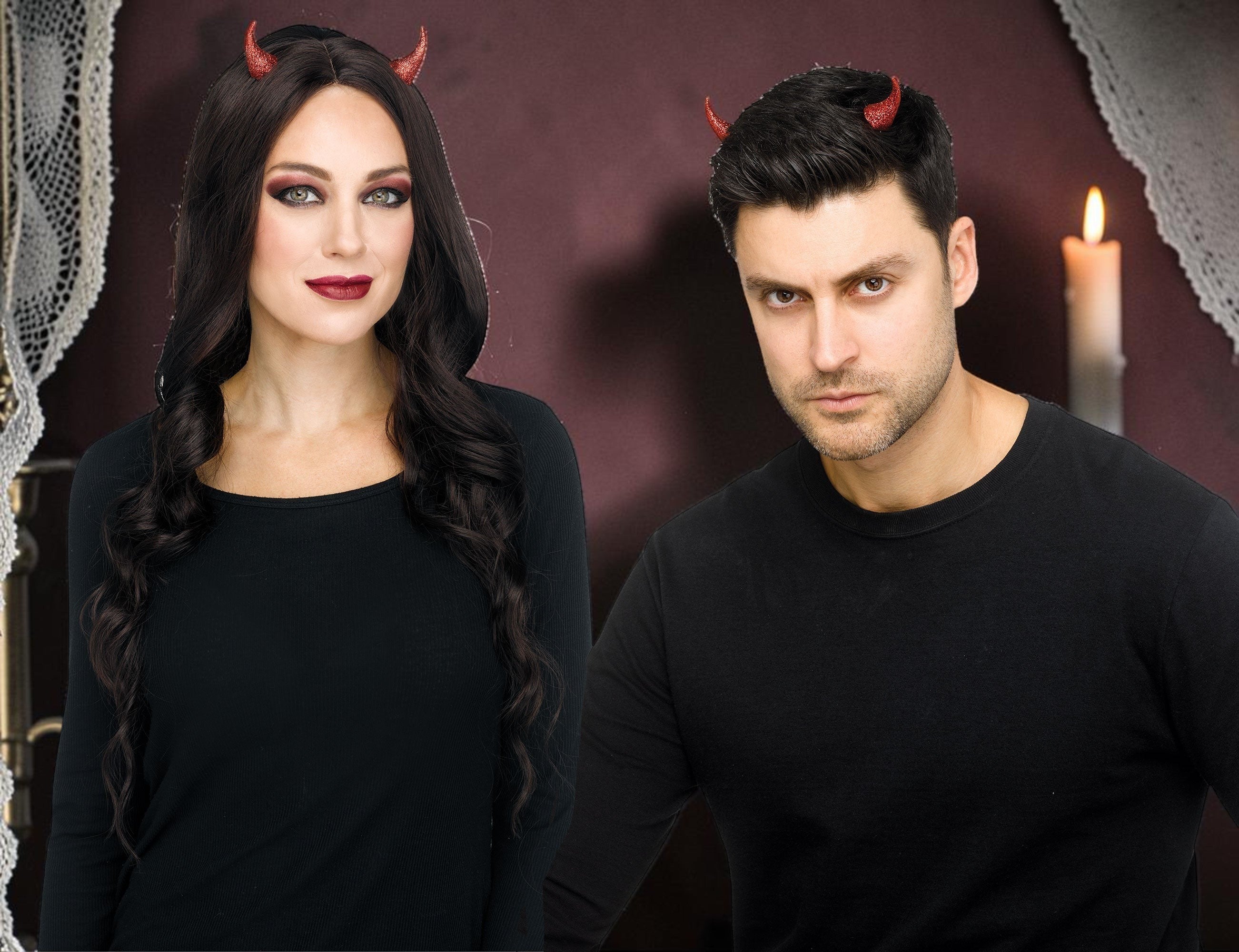 Halloween-Emporium sparkling red devil horn hair accessories worn by a man and woman in black outfits