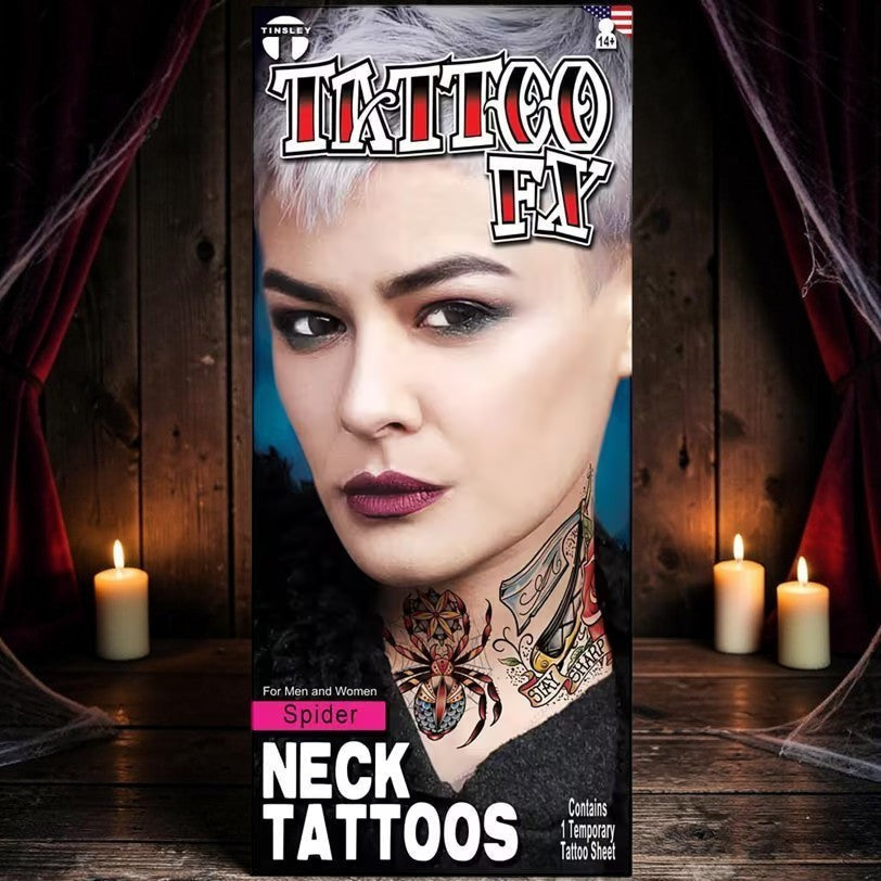 Halloween-Emporium Tinsley Transfers spider temporary neck tattoo sheet featuring a realistic gothic design on a model