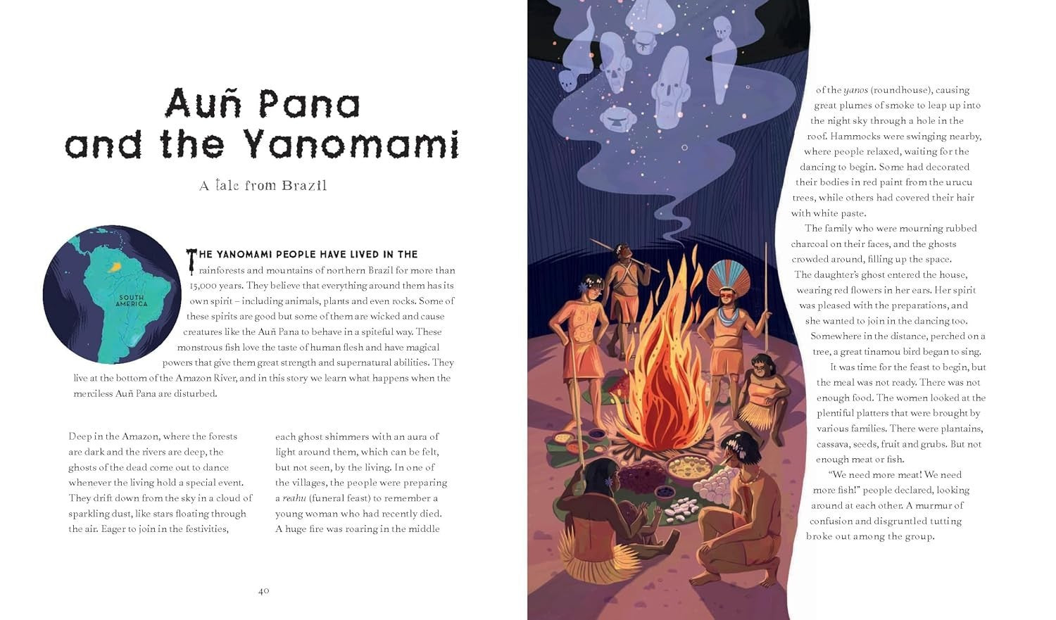 Halloween-Emporium book page showing the Aun Pana and the Yanomami story with colorful illustrations of indigenous people.