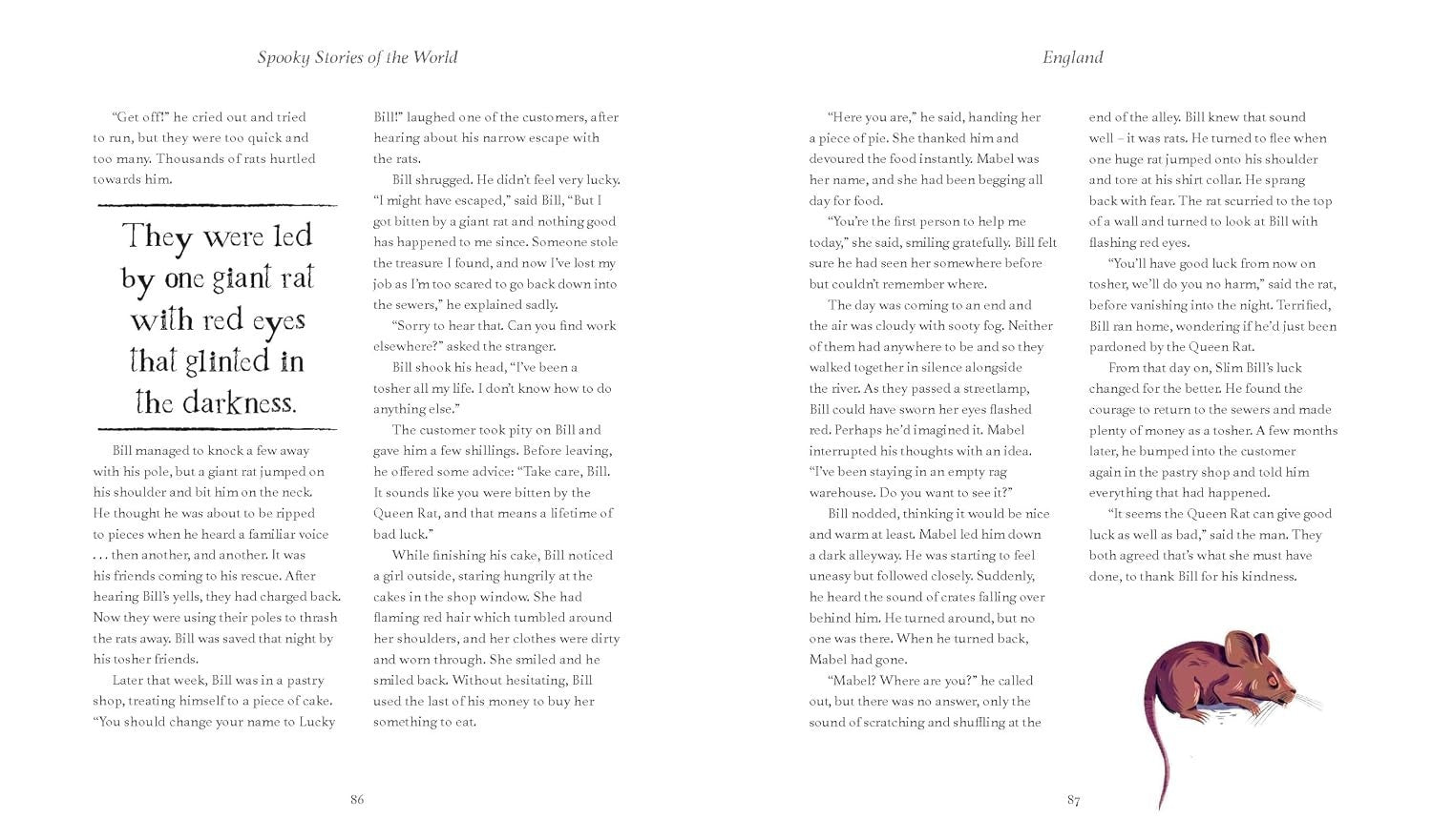 Halloween-Emporium Spooky Stories of the World book page featuring an illustrated rat and text about a giant rat