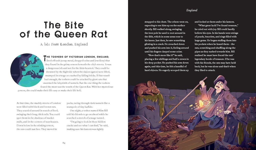 Halloween-Emporium Spooky Stories of the World book page featuring The Bite of the Queen Rat tale and illustrations.