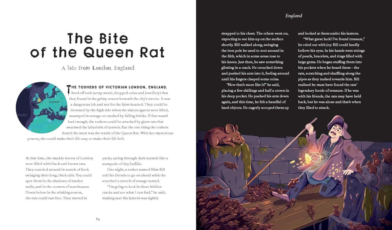 Halloween-Emporium Spooky Stories of the World book page featuring The Bite of the Queen Rat tale and illustrations.