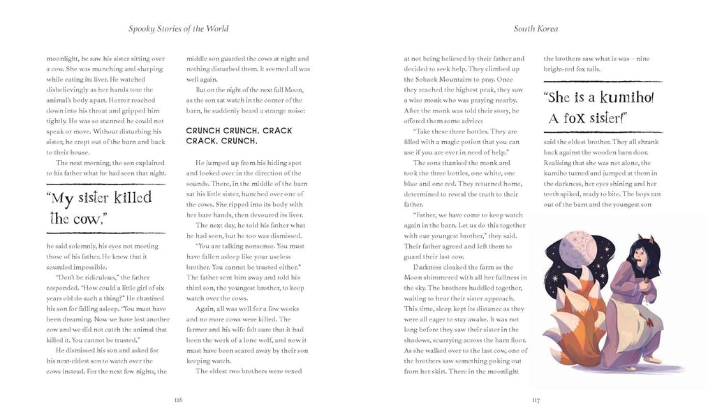 Halloween-Emporium Spooky Stories of the World book pages featuring South Korean folklore and a fox spirit illustration