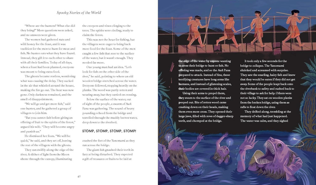 Halloween-Emporium Spooky Stories of the World book pages featuring illustrated river monster scene and text.