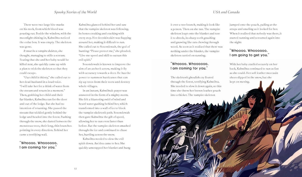 Halloween-Emporium Spooky Stories of the World book spread showing a vampire skeleton chasing a woman in the snow