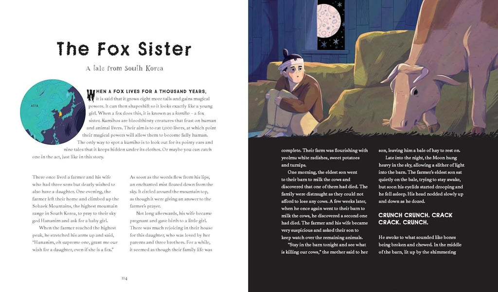 Halloween-Emporium book page spread featuring The Fox Sister story from South Korea with colorful folklore illustration
