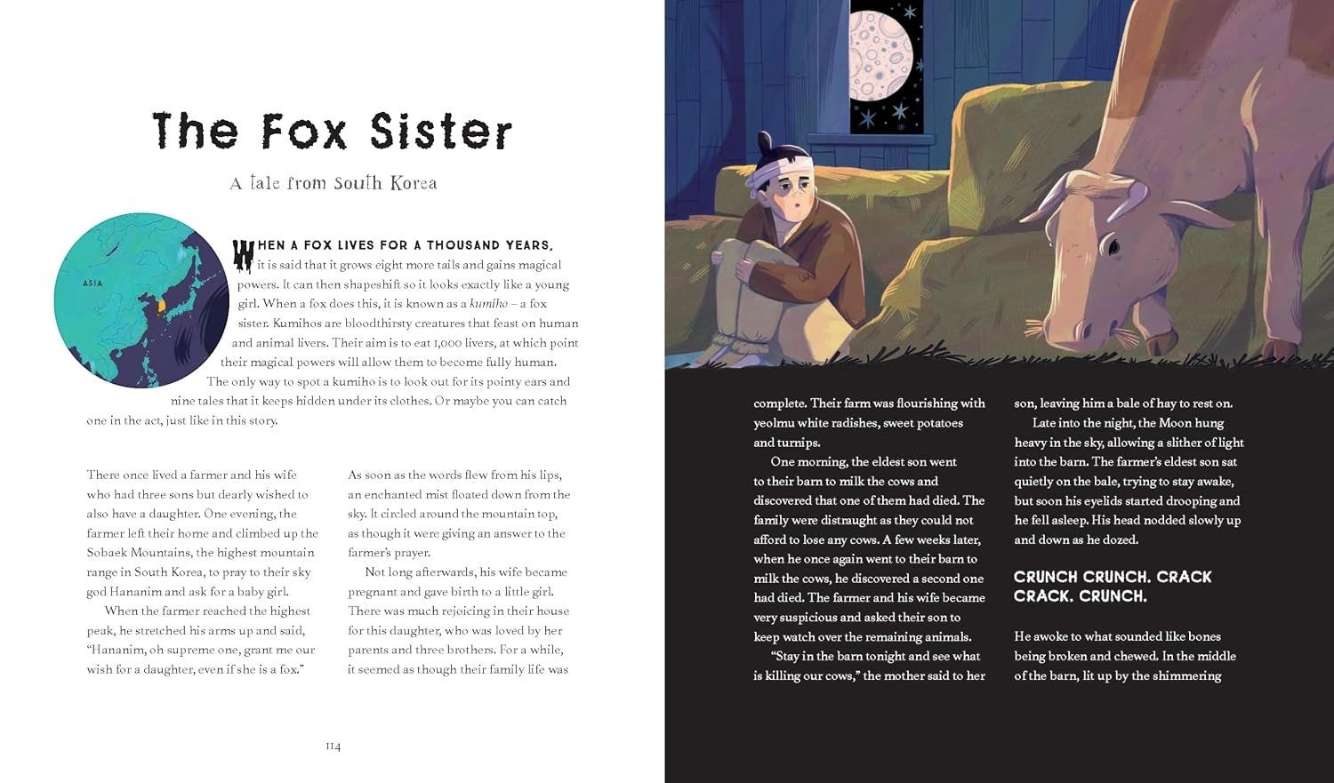 Halloween-Emporium book page spread featuring The Fox Sister story from South Korea with colorful folklore illustration