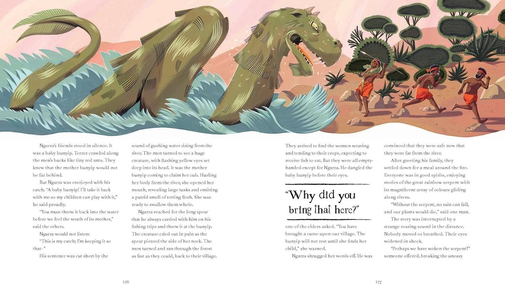 Halloween-Emporium book page illustration showing a large green river monster chasing people in a jungle setting