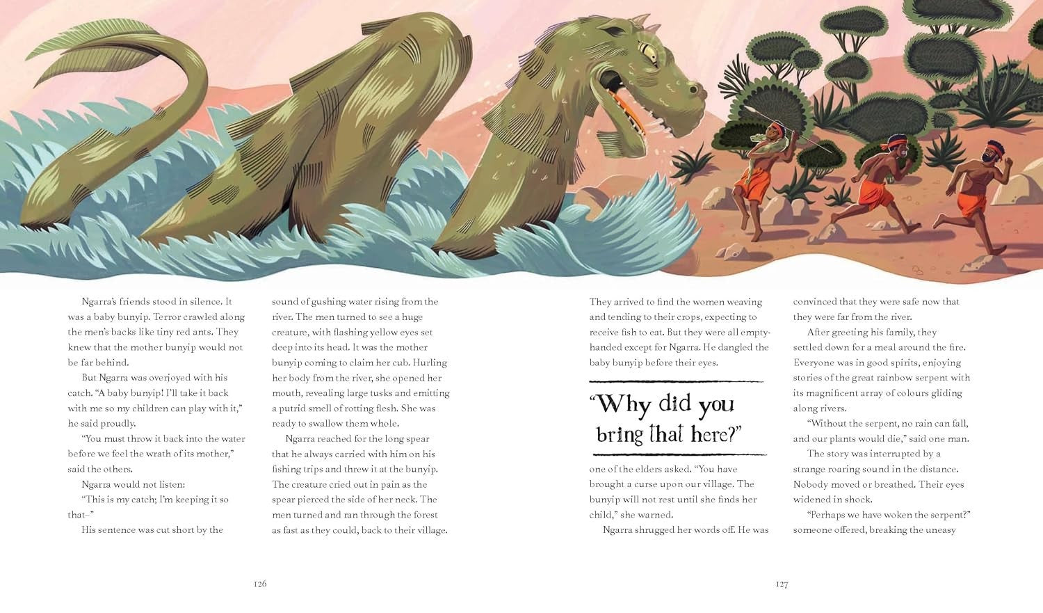Halloween-Emporium book page illustration showing a large green river monster chasing people in a jungle setting