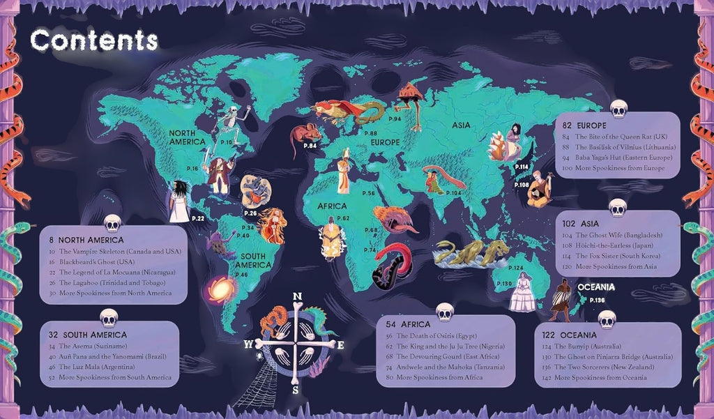 Halloween-Emporium Spooky Stories of the World contents page featuring a colorful illustrated world map of myths.