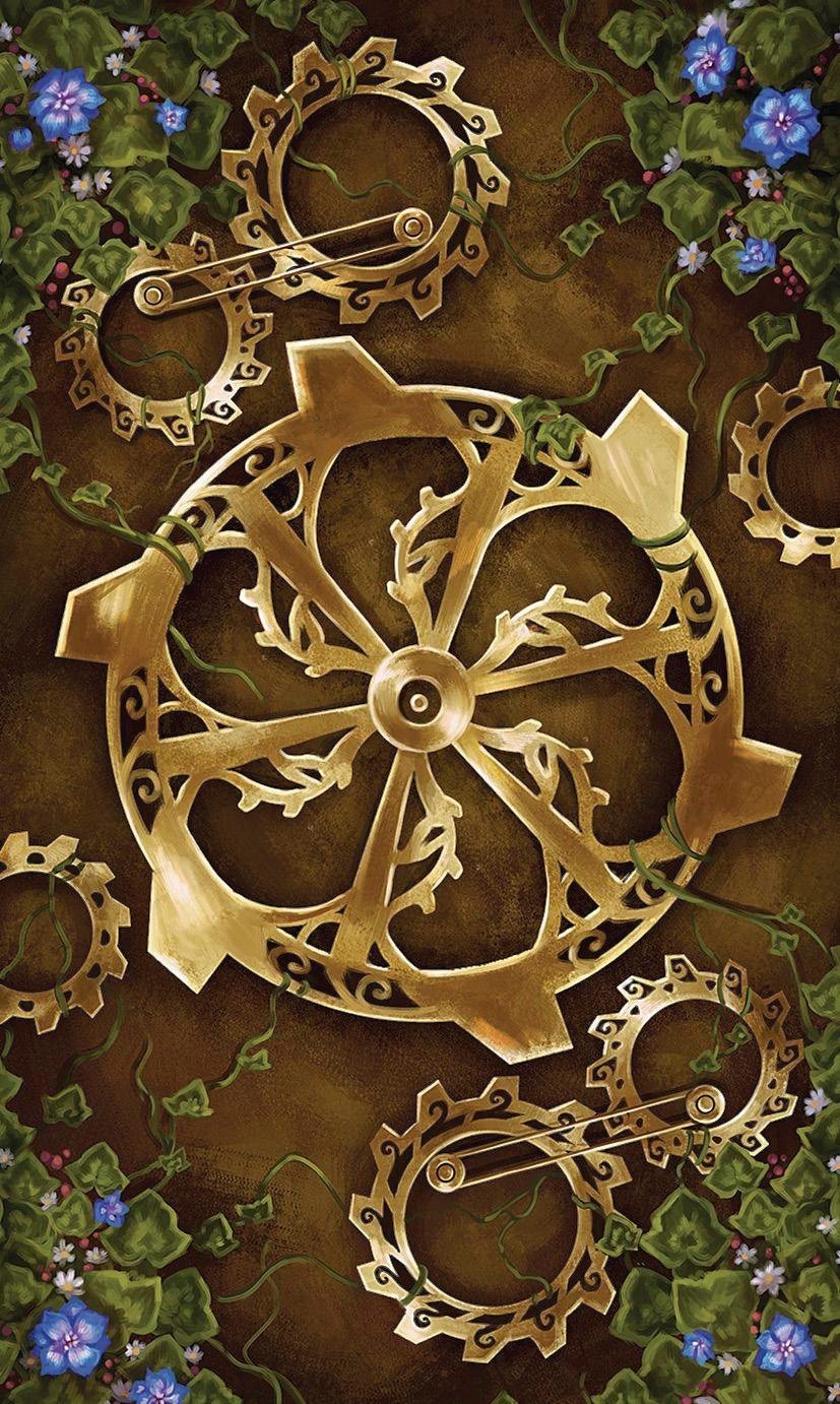 Halloween-Emporium Steampunk Faerie Tarot card back featuring ornate gold clockwork gears, vines, and blue flowers.