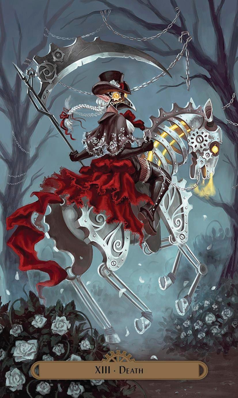 Halloween-Emporium Steampunk Faerie Tarot Death card featuring a plague doctor faerie riding a mechanical horse.