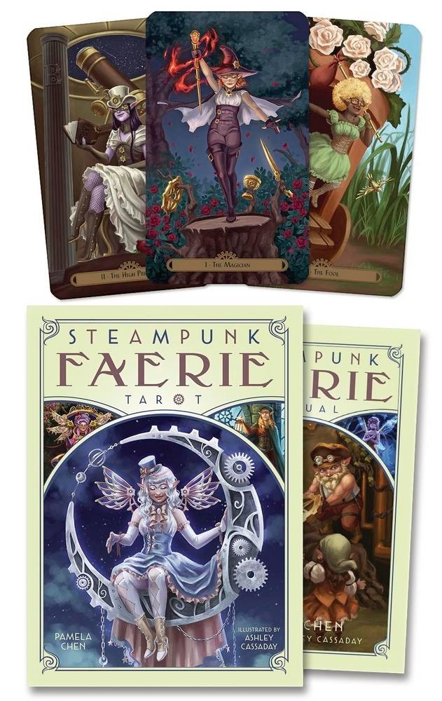 Halloween-Emporium Steampunk Faerie Tarot deck with illustrated cards featuring clockwork, faeries, and magic.